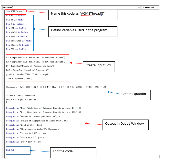 Excel VBA Coding for ACME Thread Calculation Example